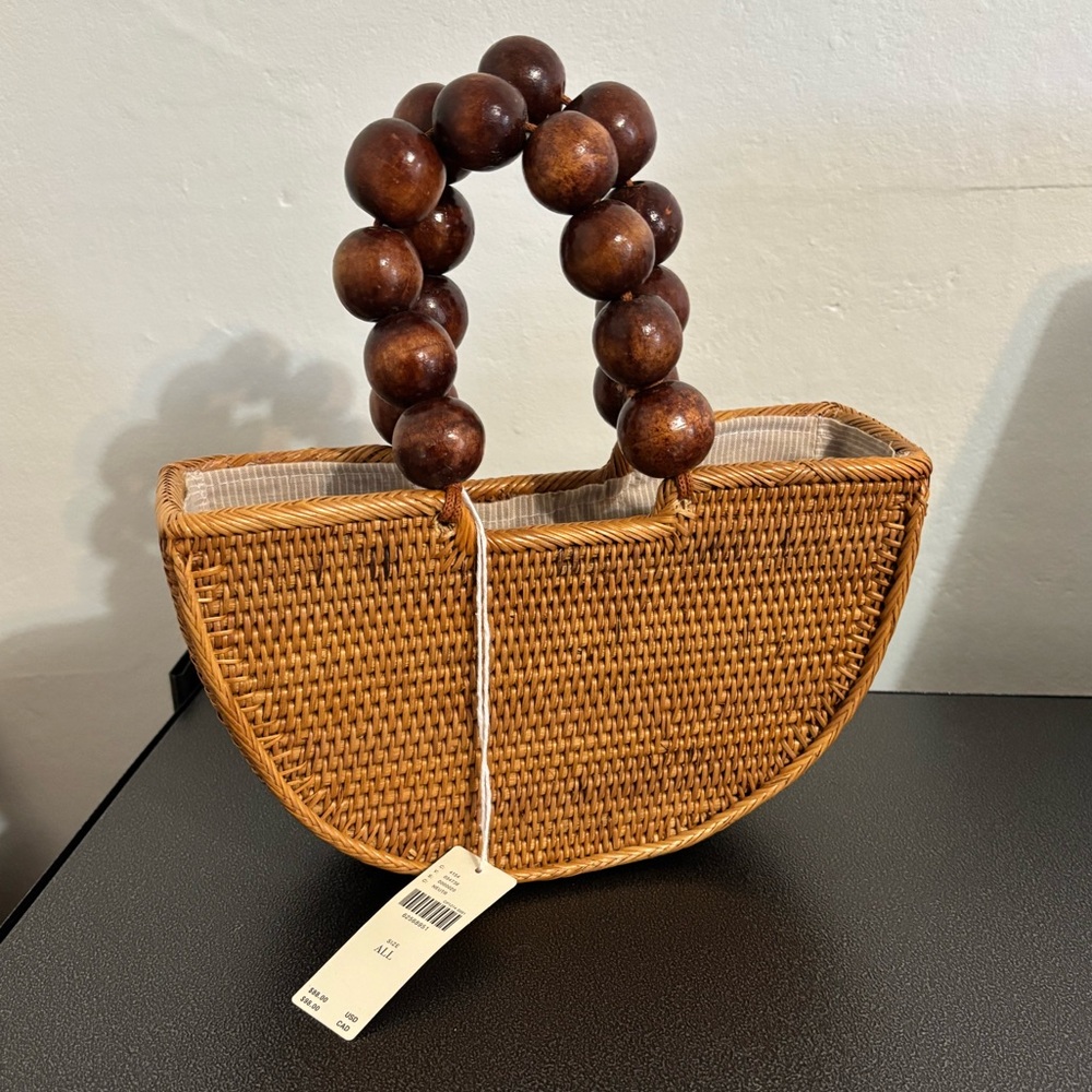 NWT Anthropologie Brown Woven Handbag with Wooden Handle